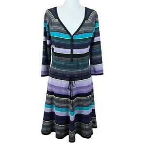 DVF Women's Carrigan Dress Large Purple Teal 3/4 Sleeve Silk Blend Striped Knit